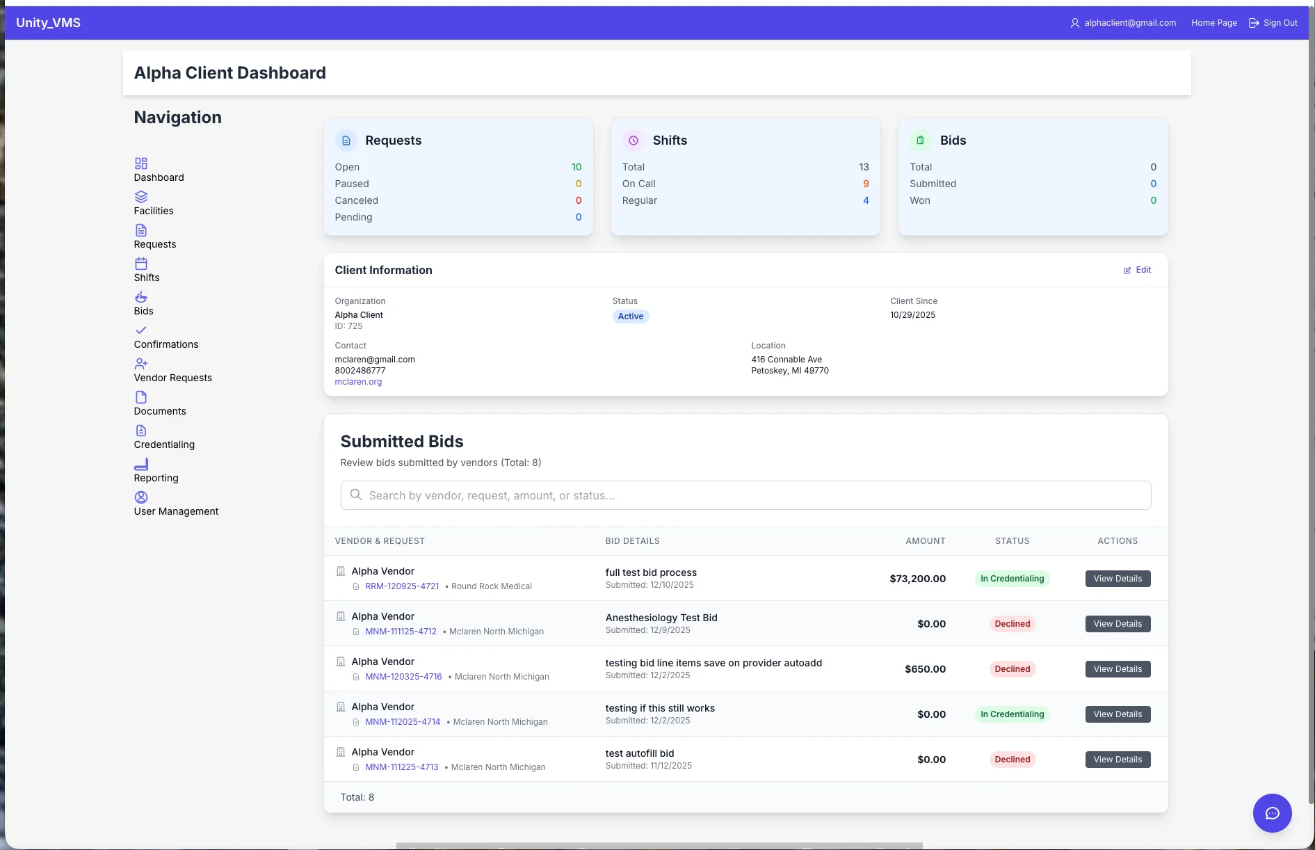 Unity VMS Hub Client Dashboard